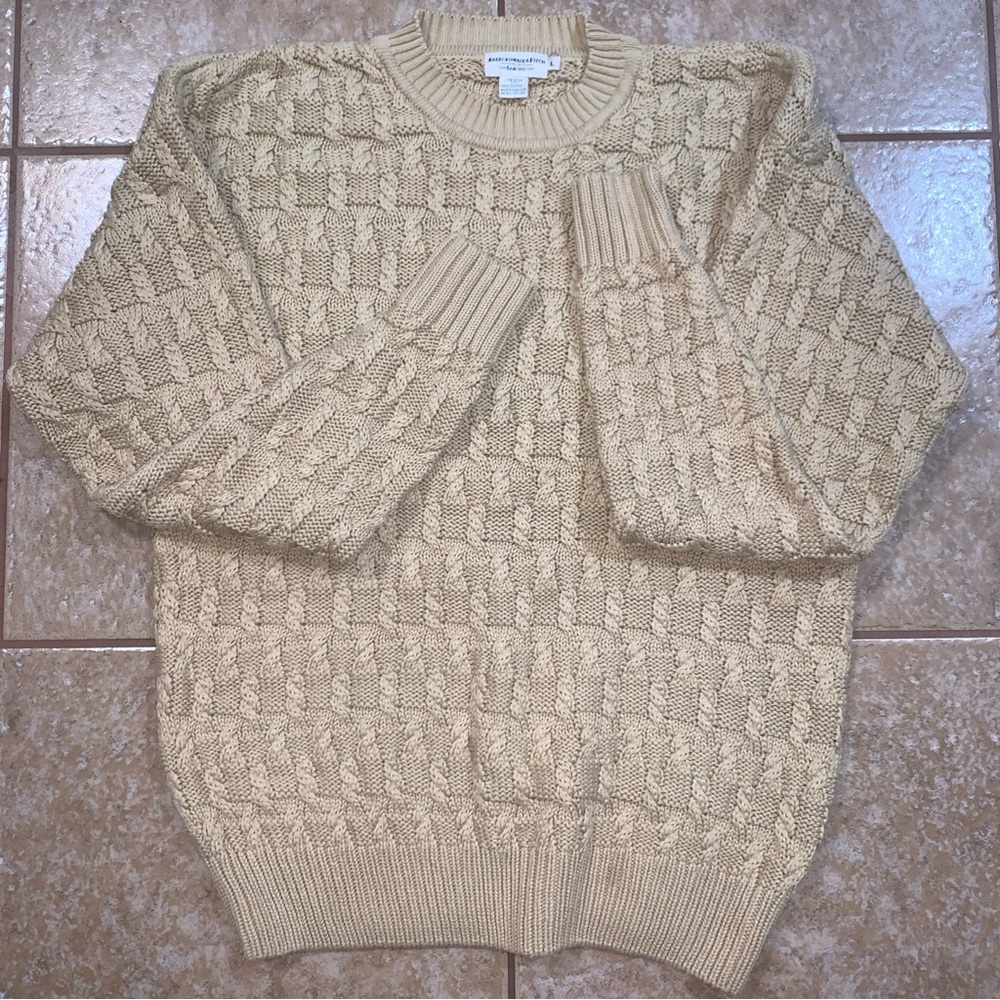 Abercrombie & Fitch Mens L Sweater Cable Knit Crew Neck Cotton Winter Beige